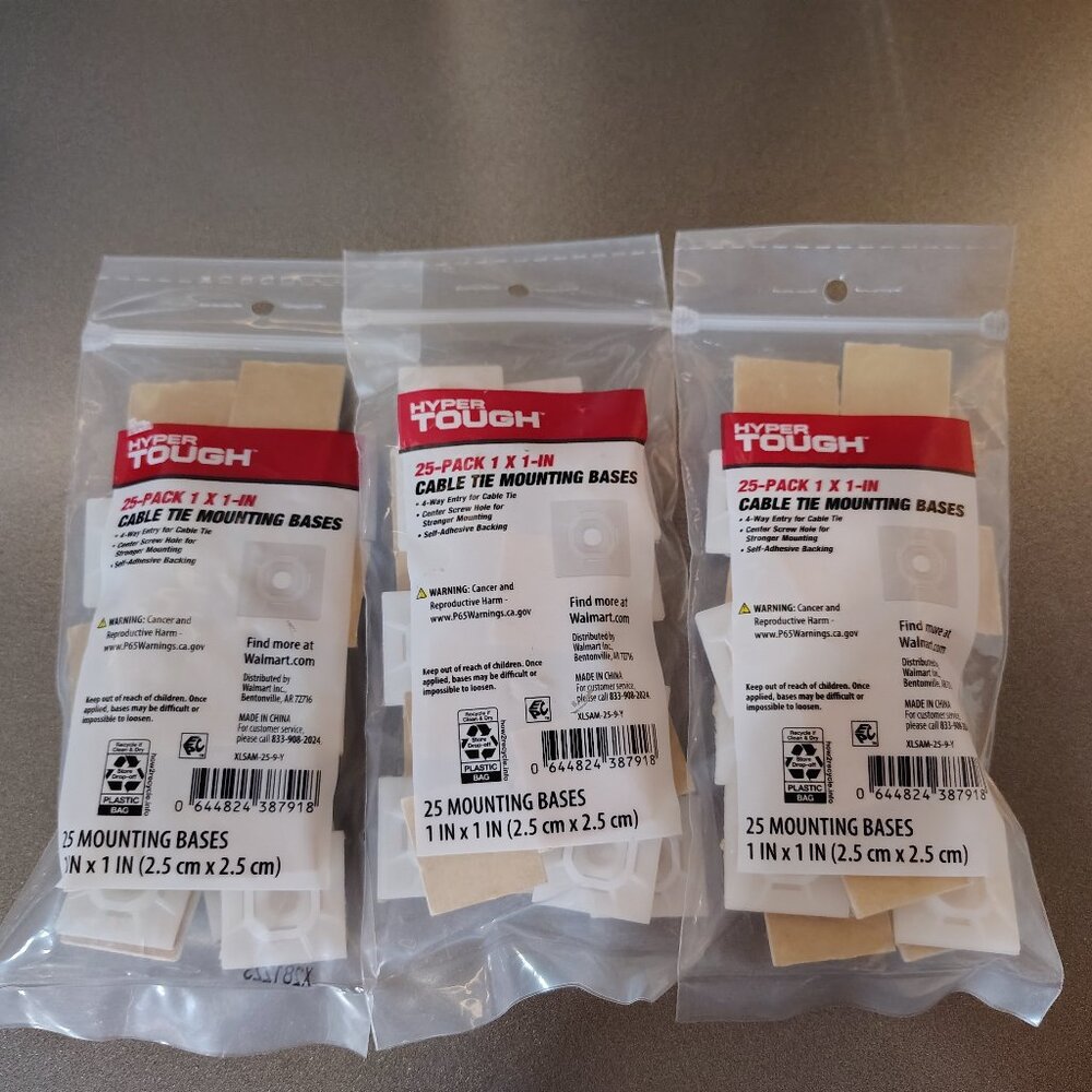 Hyper Tough 1" x 1" Cable Tie Mounting Bases. 3-packs of 25 count each